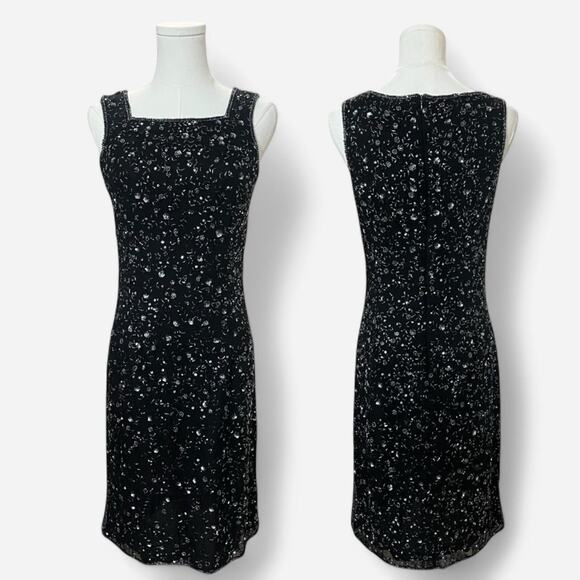 VTG 90s Phoebe Black & Gunmetal Silk Floral Beaded Sparkly Sequin Mini Dress 2 - Picture 1 of 8